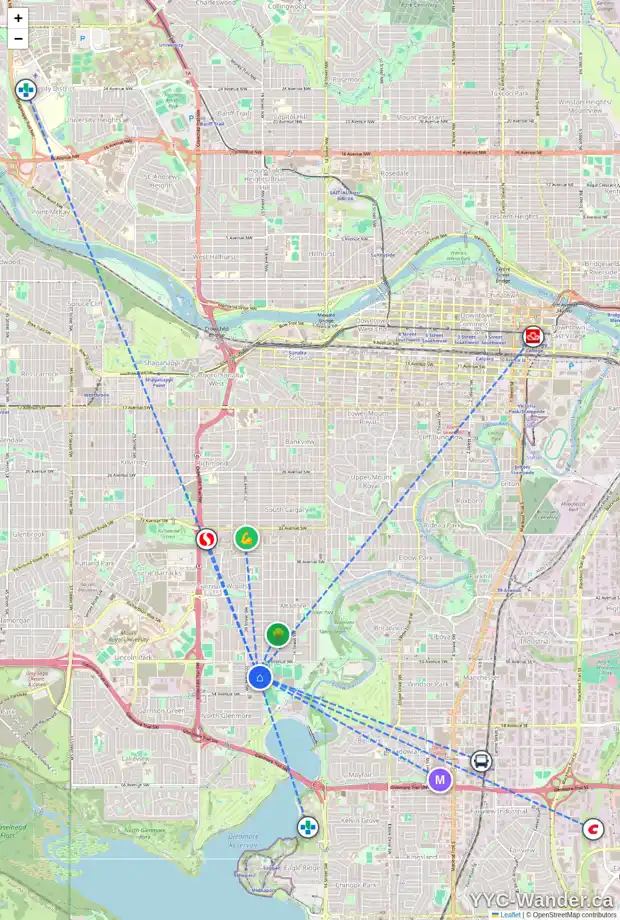 Daily accessibility map for 2008 52 AV SW, Calgary showing nearby schools, grocery stores, parks, LRT stations and nearby amenities