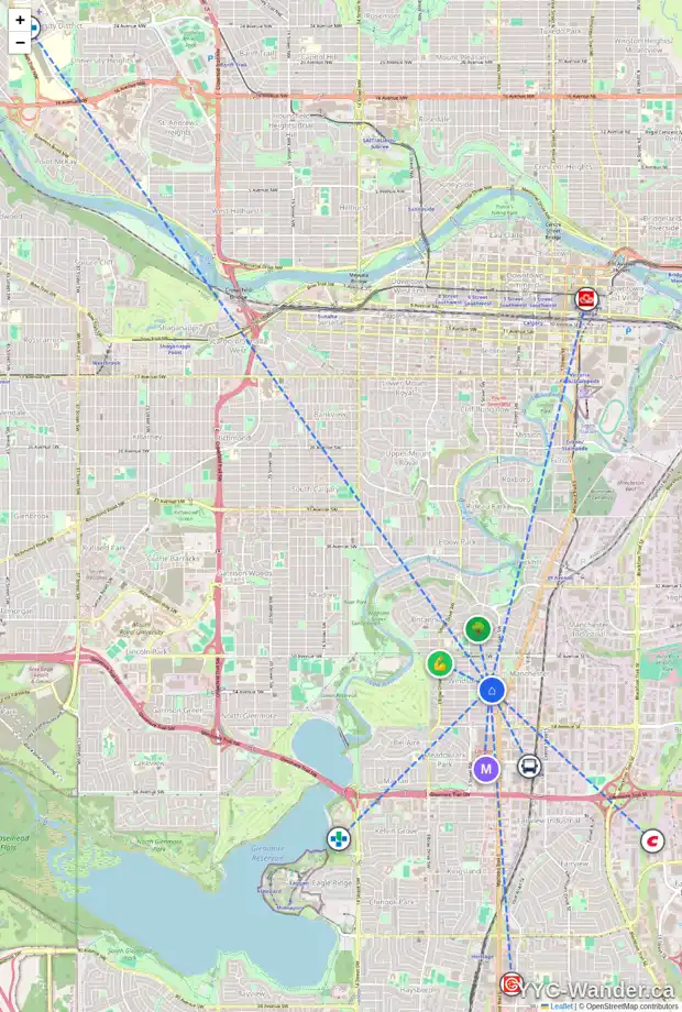 Daily accessibility map for 424 54 AV SW, Calgary showing nearby schools, grocery stores, parks, LRT stations and nearby amenities