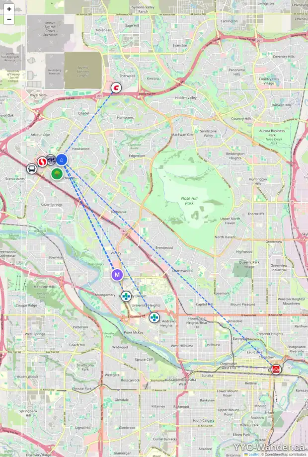 Daily accessibility map for 64 HAWKWOOD PL NW, Calgary showing nearby schools, grocery stores, parks, LRT stations and nearby amenities