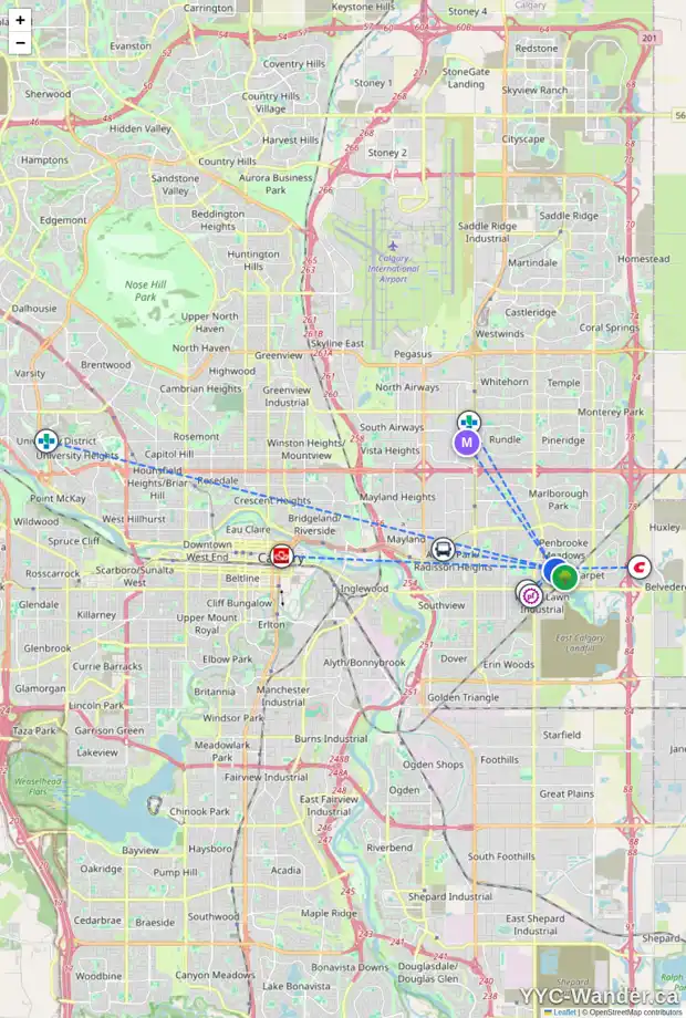 Daily accessibility map for 1212 PENSACOLA WY SE, Calgary showing nearby schools, grocery stores, parks, LRT stations and nearby amenities