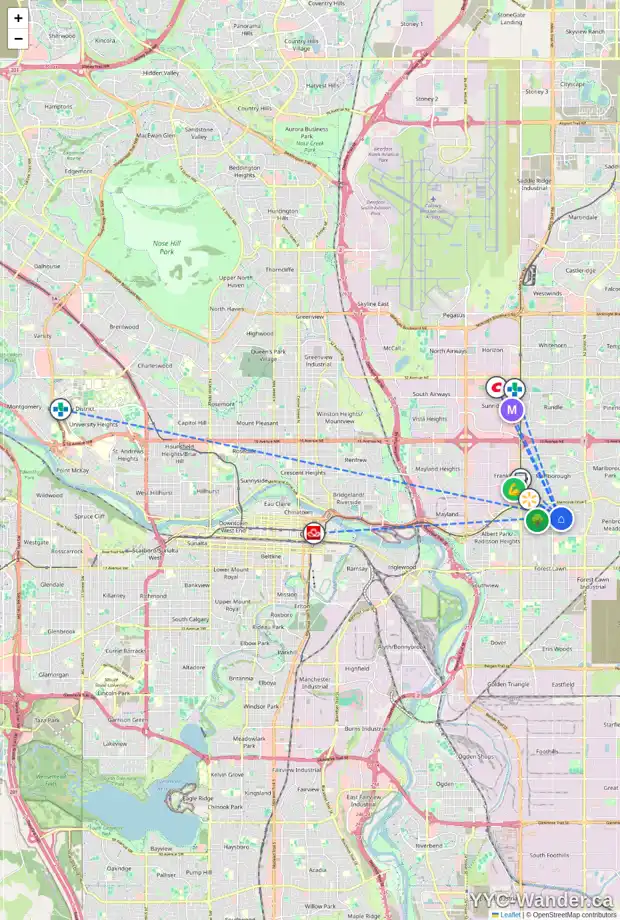 Daily accessibility map for 4604 4 AV SE, Calgary showing nearby schools, grocery stores, parks, LRT stations and nearby amenities
