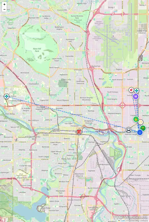 Daily accessibility map for 7A FONDA GR SE, Calgary showing nearby schools, grocery stores, parks, LRT stations and nearby amenities