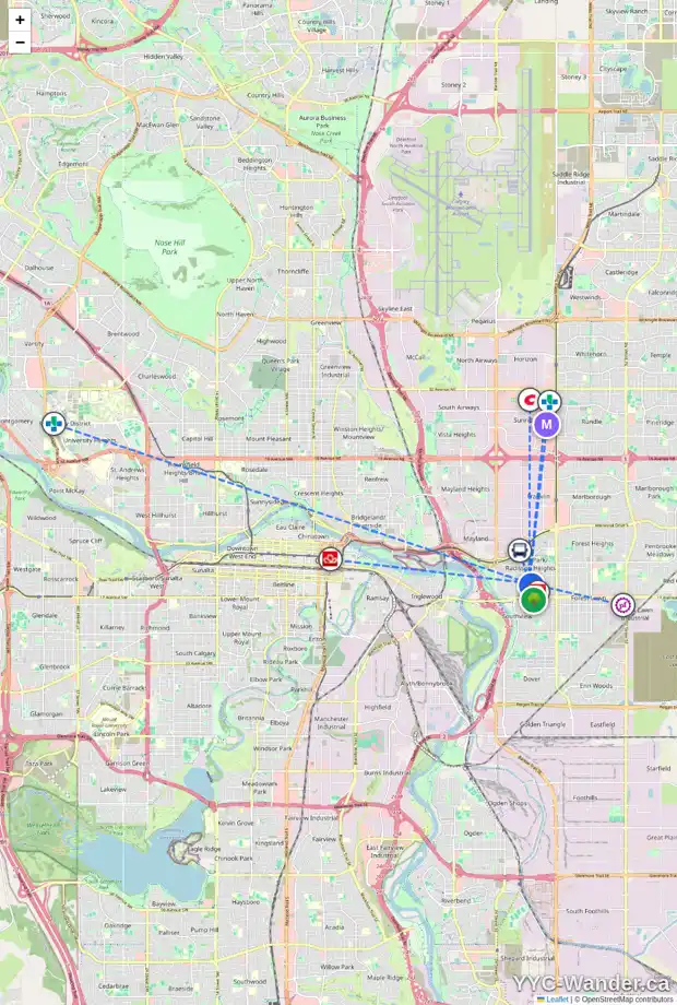 Daily accessibility map for 1527 ROBSON CR SE, Calgary showing nearby schools, grocery stores, parks, LRT stations and nearby amenities