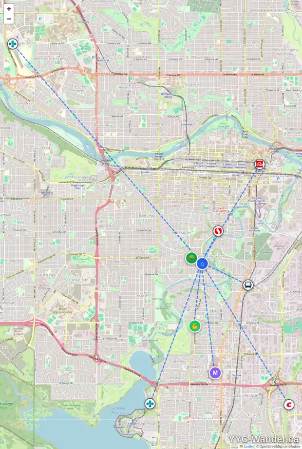 Daily accessibility map for 3610 6 ST SW, Calgary showing nearby schools, grocery stores, parks, LRT stations and nearby amenities
