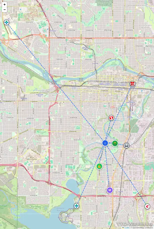 Daily accessibility map for 4012 ELBOW DR SW, Calgary showing nearby schools, grocery stores, parks, LRT stations and nearby amenities