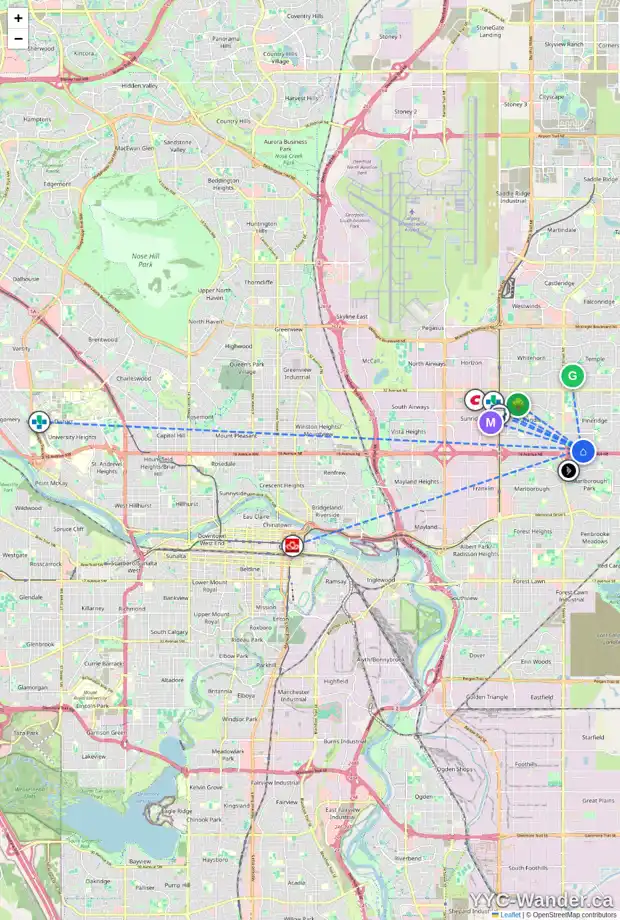 Daily accessibility map for 311 PINEGREEN CL NE, Calgary showing nearby schools, grocery stores, parks, LRT stations and nearby amenities