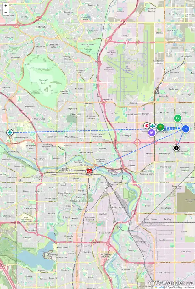 Daily accessibility map for 2812 60 ST NE, Calgary showing nearby schools, grocery stores, parks, LRT stations and nearby amenities
