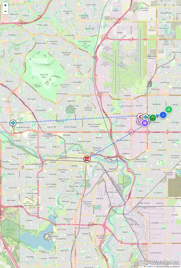 Daily accessibility map for 5471 RUNDLEVIEW RD NE, Calgary showing nearby schools, grocery stores, parks, LRT stations and nearby amenities