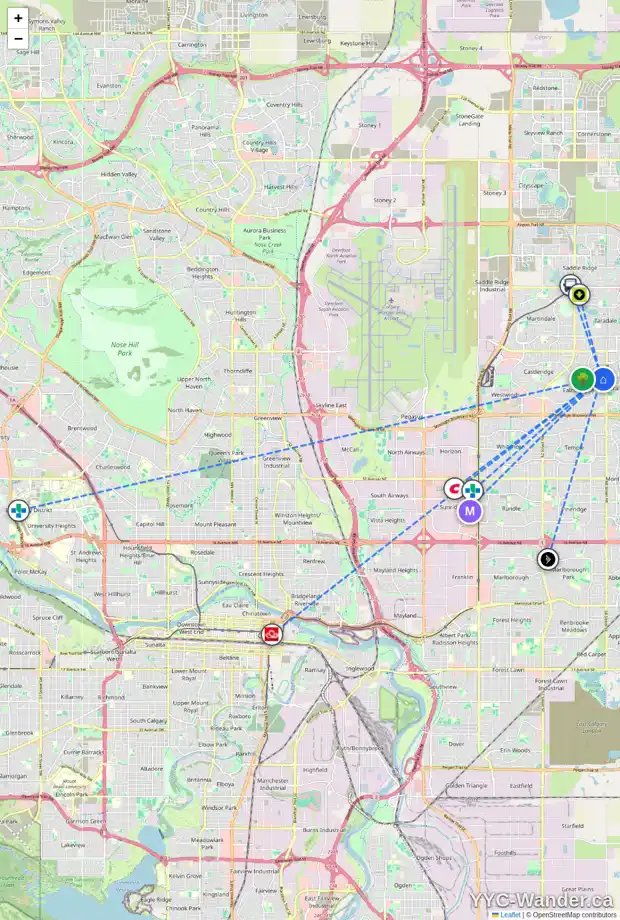 Daily accessibility map for 224 FALDALE CL NE, Calgary showing nearby schools, grocery stores, parks, LRT stations and nearby amenities