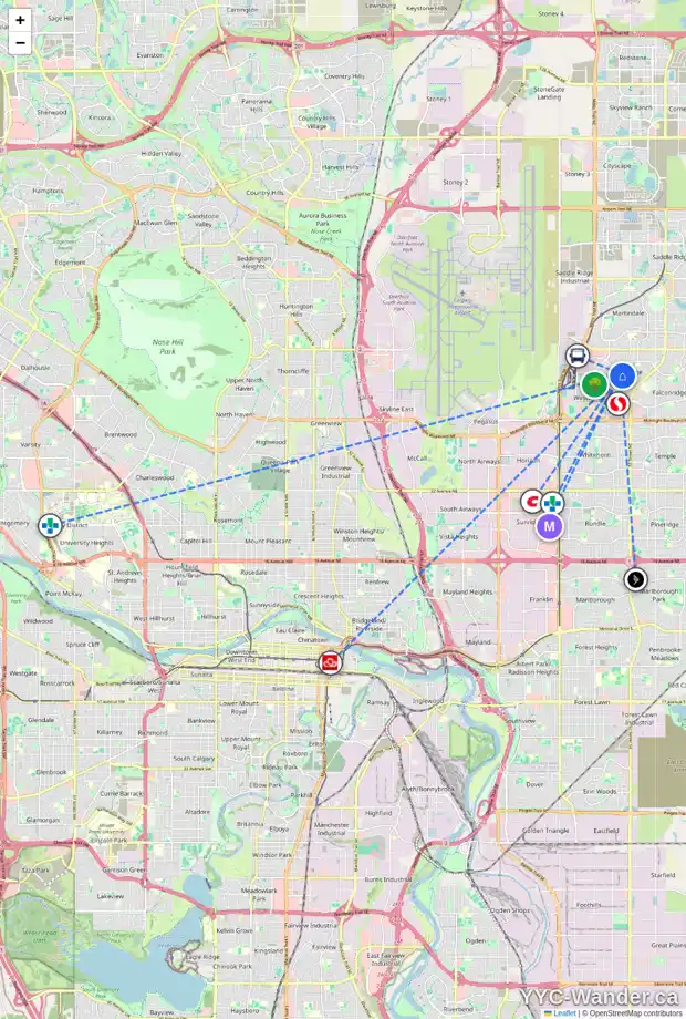 Daily accessibility map for 23 CASTLEGROVE RD NE, Calgary showing nearby schools, grocery stores, parks, LRT stations and nearby amenities