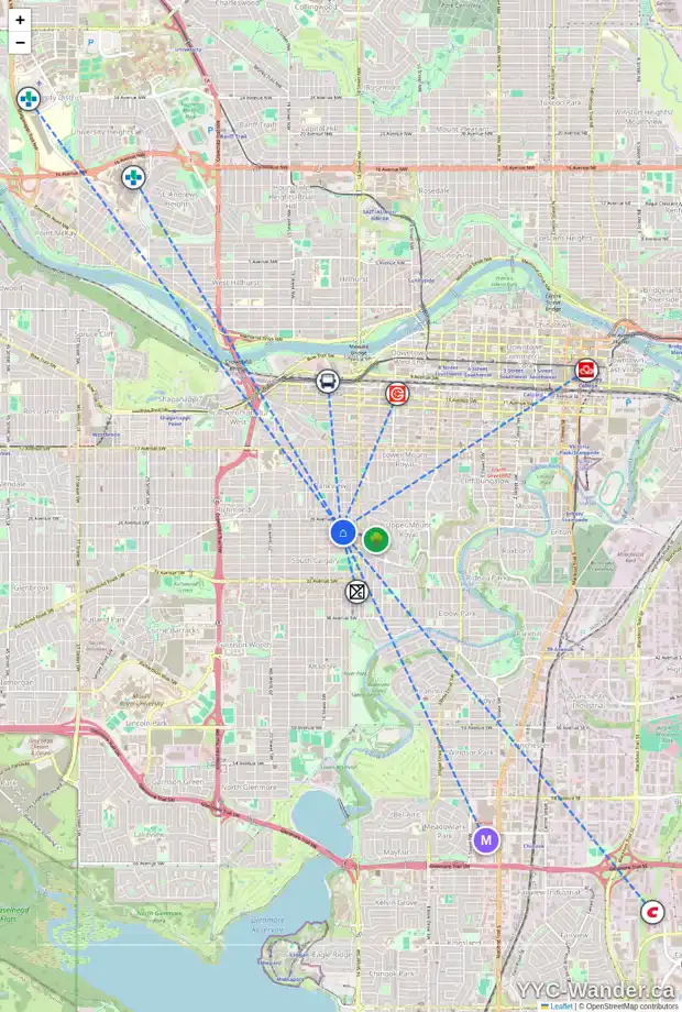Daily accessibility map for 2 1609 27 AV SW, Calgary showing nearby schools, grocery stores, parks, LRT stations and nearby amenities