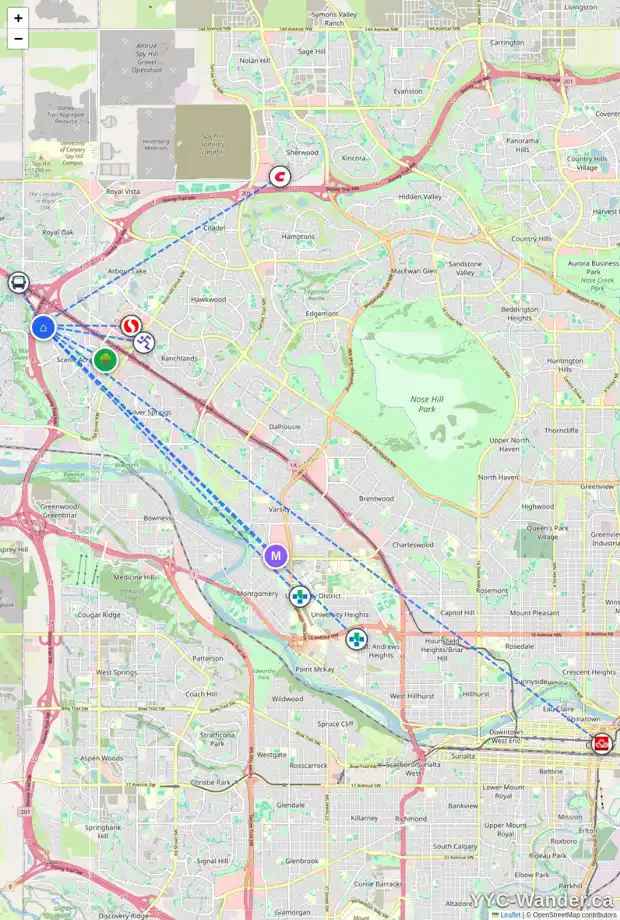 Daily accessibility map for 634 SCHUBERT PL NW, Calgary showing nearby schools, grocery stores, parks, LRT stations and nearby amenities