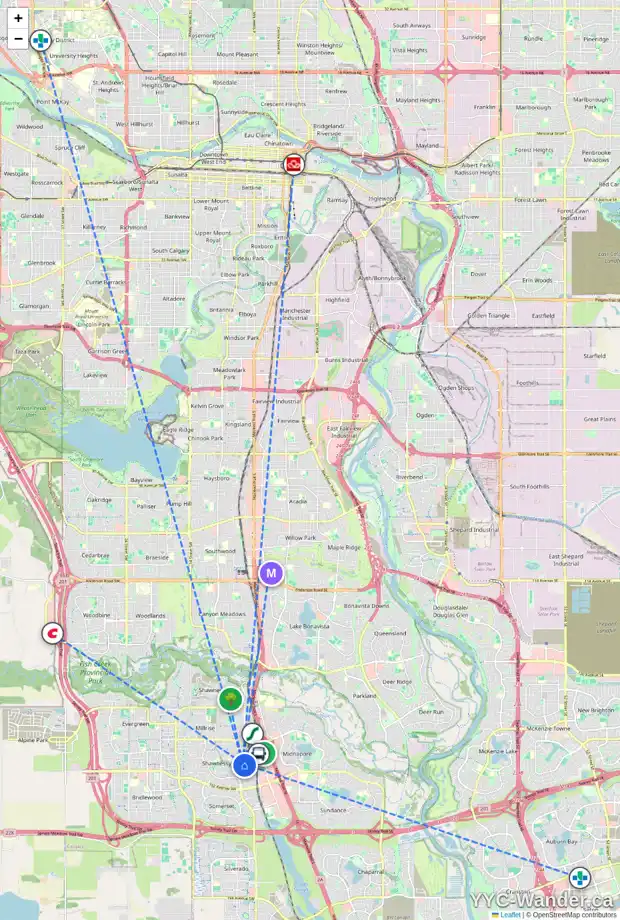 Daily accessibility map for 152 SHAWNESSY DR SW, Calgary showing nearby schools, grocery stores, parks, LRT stations and nearby amenities