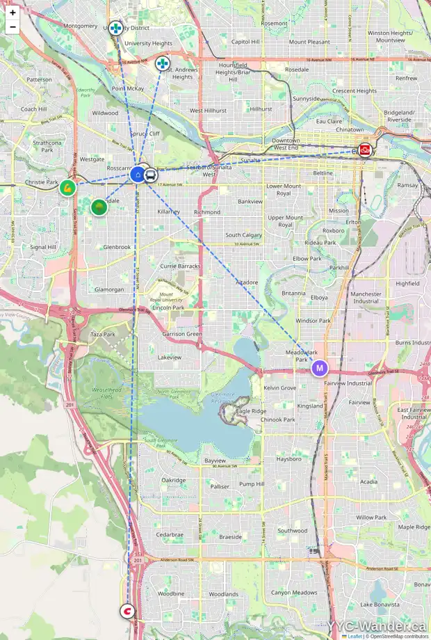 Daily accessibility map for 1423 37 ST SW, Calgary showing nearby schools, grocery stores, parks, LRT stations and nearby amenities
