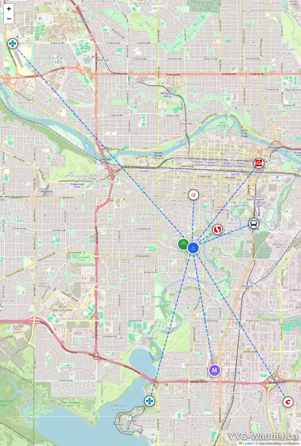 Daily accessibility map for 3207 7 ST SW, Calgary showing nearby schools, grocery stores, parks, LRT stations and nearby amenities