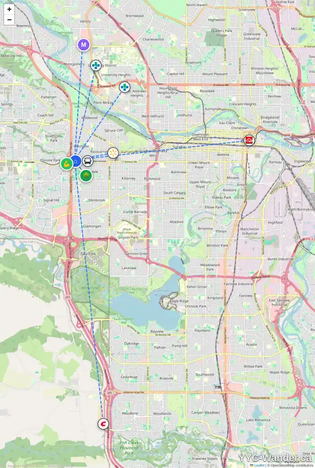 Daily accessibility map for 501 5340 17 AV SW, Calgary showing nearby schools, grocery stores, parks, LRT stations and nearby amenities