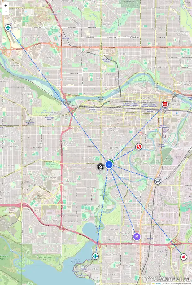 Daily accessibility map for 1209 COUNCIL WY SW, Calgary showing nearby schools, grocery stores, parks, LRT stations and nearby amenities