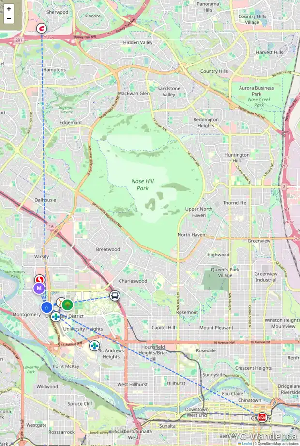 Daily accessibility map for 2812 MONTALBAN CR NW, Calgary showing nearby schools, grocery stores, parks, LRT stations and nearby amenities
