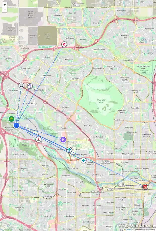 Daily accessibility map for 8723 36 AV NW, Calgary showing nearby schools, grocery stores, parks, LRT stations and nearby amenities