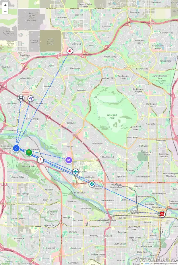 Daily accessibility map for 8607 33 AV NW, Calgary showing nearby schools, grocery stores, parks, LRT stations and nearby amenities