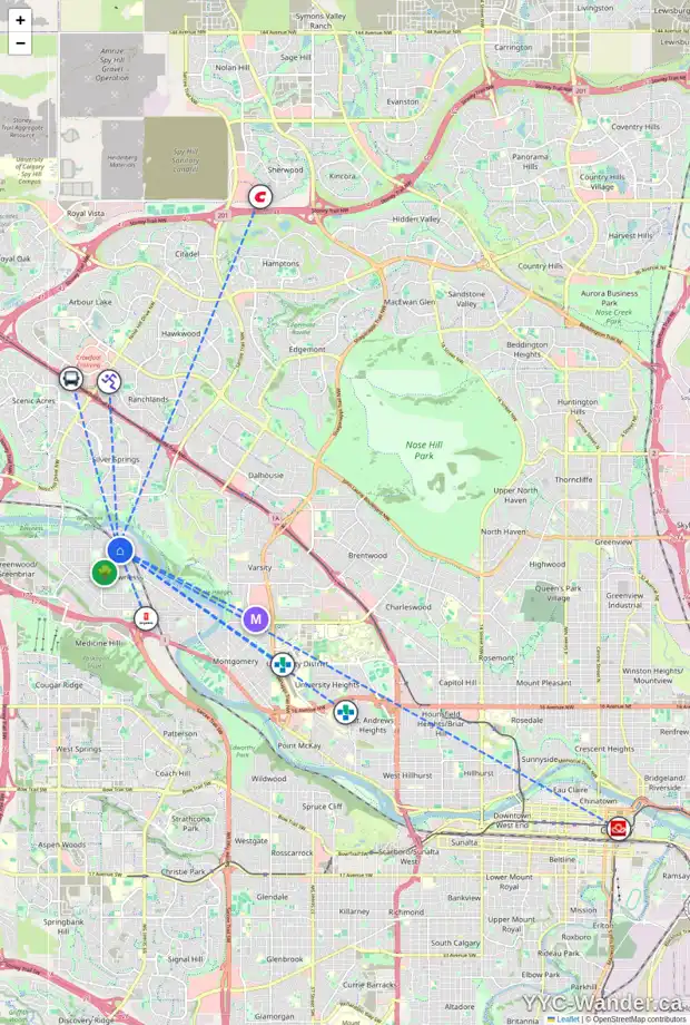 Daily accessibility map for 4643 69 ST NW, Calgary showing nearby schools, grocery stores, parks, LRT stations and nearby amenities