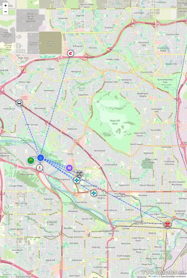 Daily accessibility map for 6720 BOWNESS RD NW, Calgary showing nearby schools, grocery stores, parks, LRT stations and nearby amenities