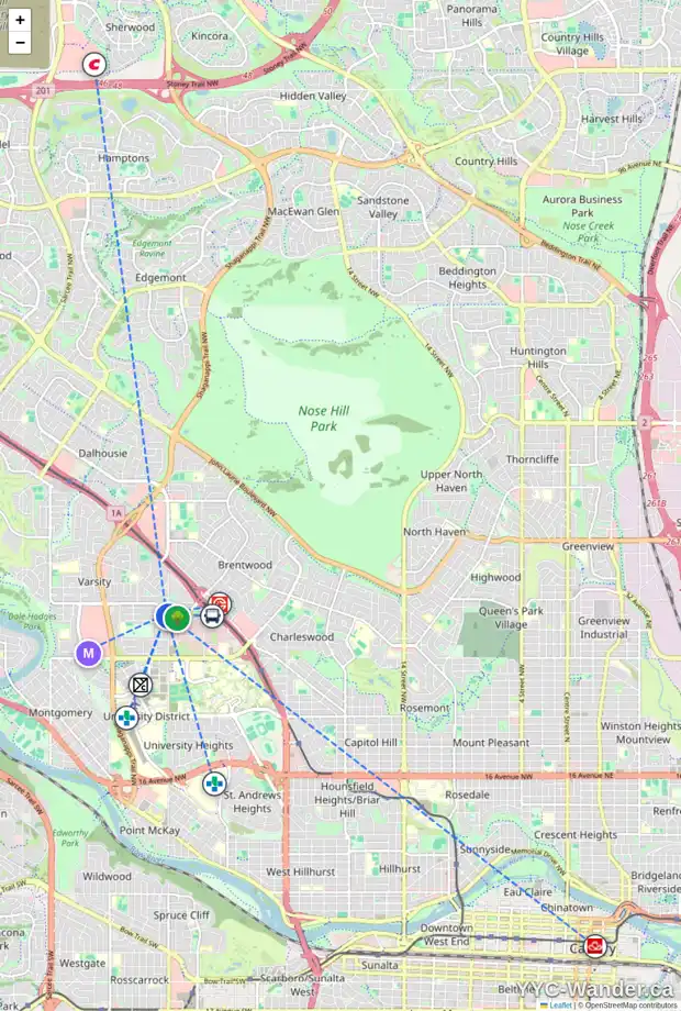 Daily accessibility map for 16 VARCREST PL NW, Calgary showing nearby schools, grocery stores, parks, LRT stations and nearby amenities