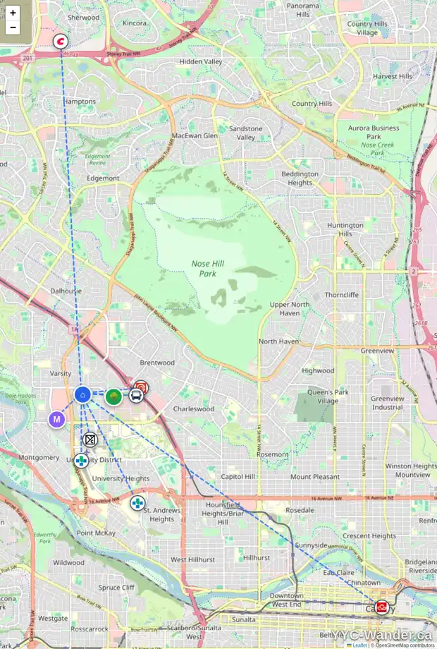 Daily accessibility map for 10 VARBAY PL NW, Calgary showing nearby schools, grocery stores, parks, LRT stations and nearby amenities