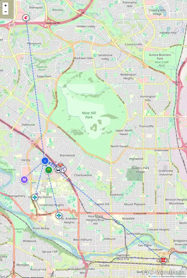 Daily accessibility map for 3824 VANCOUVER CR NW, Calgary showing nearby schools, grocery stores, parks, LRT stations and nearby amenities