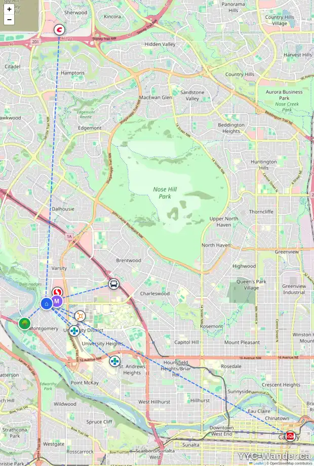 Daily accessibility map for 5220 32 AV NW, Calgary showing nearby schools, grocery stores, parks, LRT stations and nearby amenities