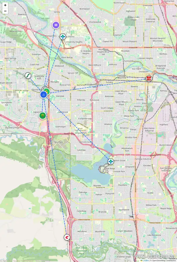 Daily accessibility map for 14 SIGNATURE LI SW, Calgary showing nearby schools, grocery stores, parks, LRT stations and nearby amenities