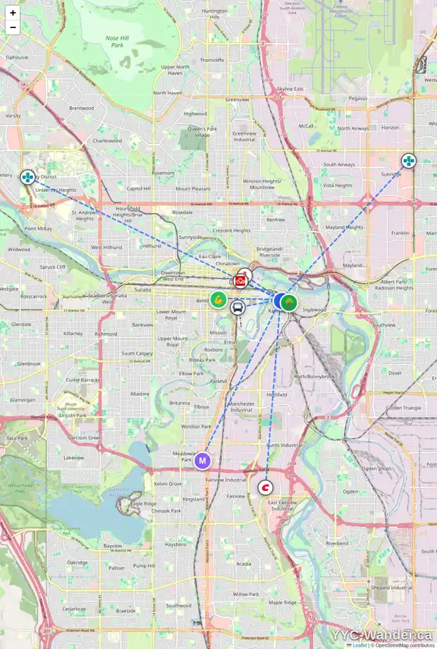 Daily accessibility map for 1032 9 ST SE, Calgary showing nearby schools, grocery stores, parks, LRT stations and nearby amenities