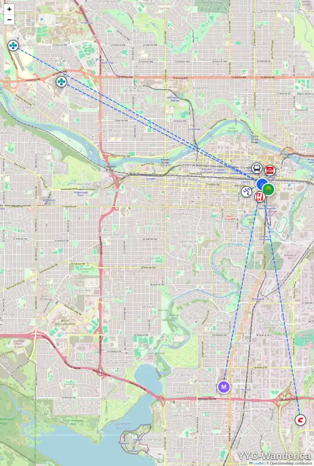 Daily accessibility map for 201 10 AV SE, Calgary showing nearby schools, grocery stores, parks, LRT stations and nearby amenities