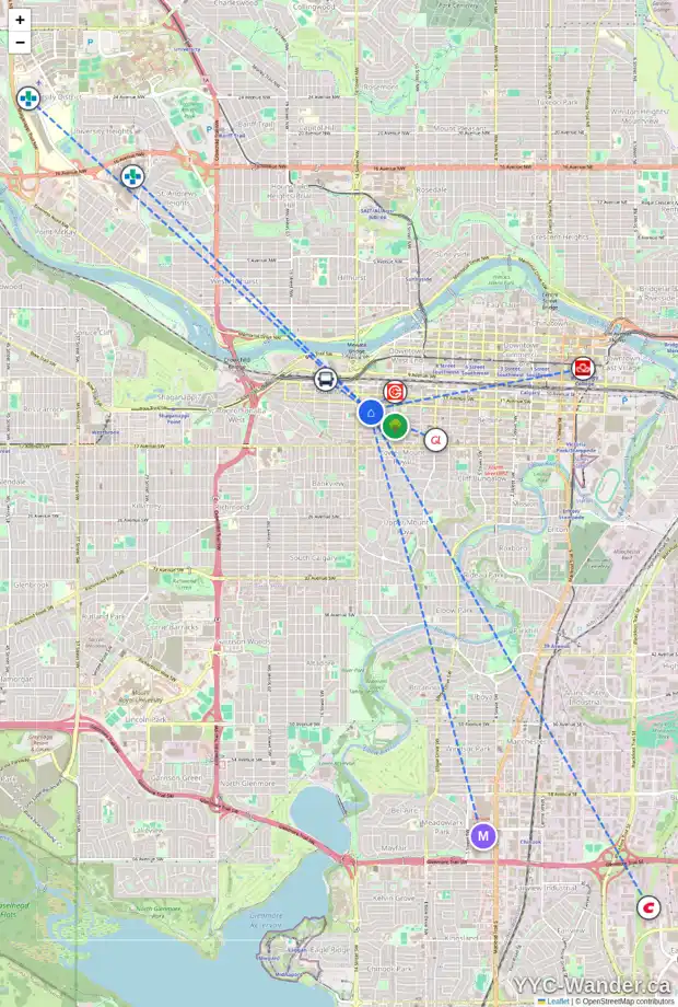 Daily accessibility map for 1322 13 AV SW, Calgary showing nearby schools, grocery stores, parks, LRT stations and nearby amenities