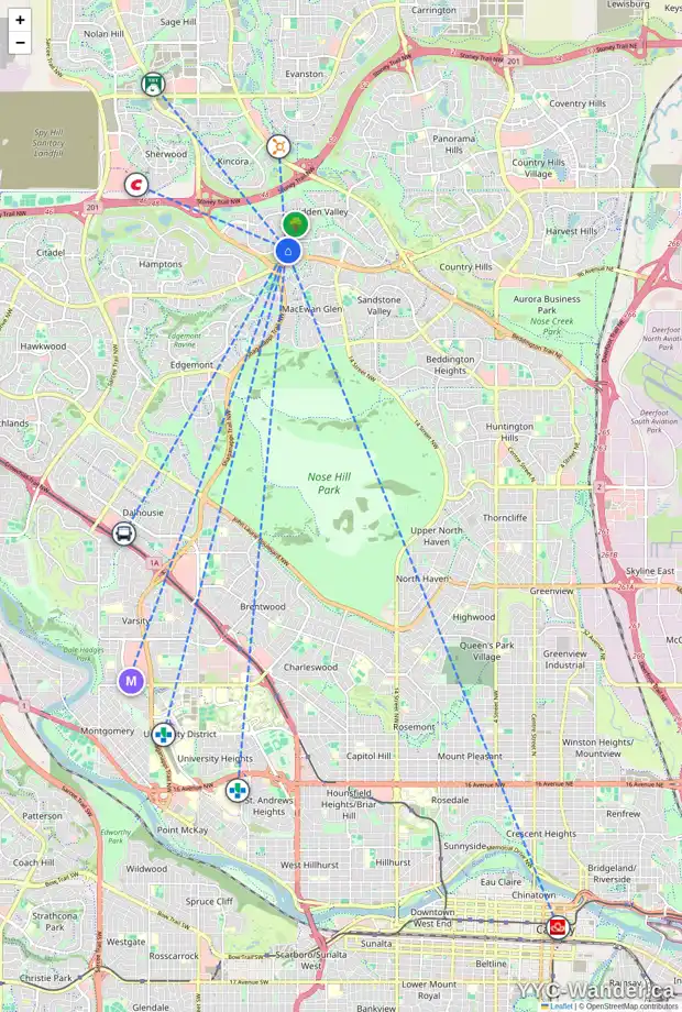 Daily accessibility map for 32 HIDDEN PT NW, Calgary showing nearby schools, grocery stores, parks, LRT stations and nearby amenities
