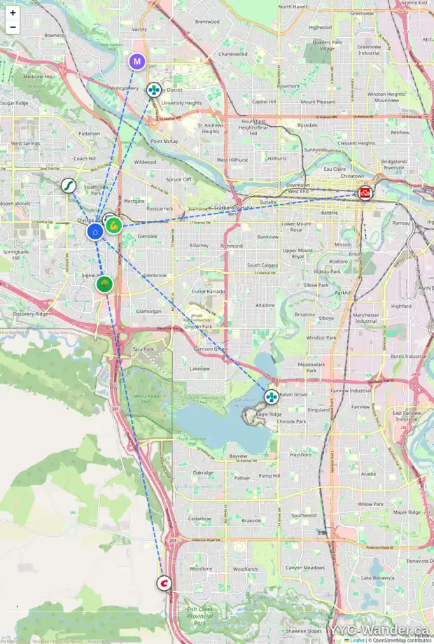 Daily accessibility map for 362 SIGNATURE CO SW, Calgary showing nearby schools, grocery stores, parks, LRT stations and nearby amenities