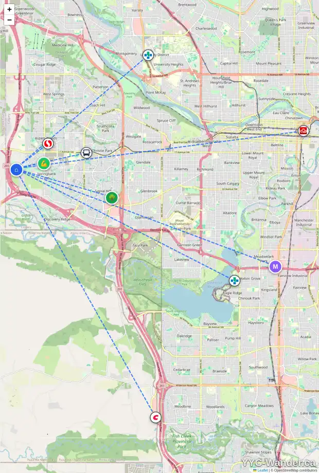 Daily accessibility map for 15 SLOPES GV SW, Calgary showing nearby schools, grocery stores, parks, LRT stations and nearby amenities