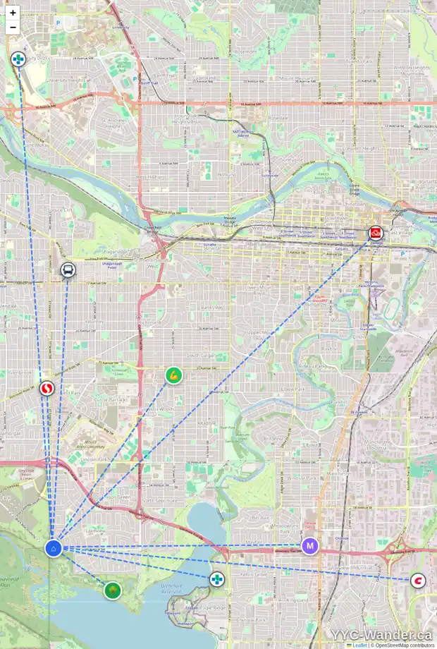 Daily accessibility map for 6630 37 ST SW, Calgary showing nearby schools, grocery stores, parks, LRT stations and nearby amenities