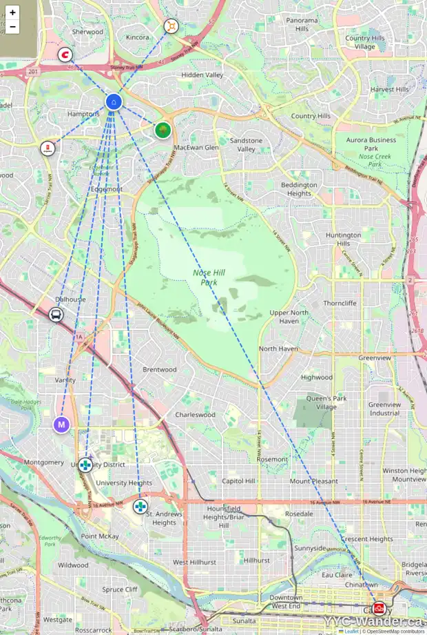 Daily accessibility map for 35 HAMPTONS LI NW, Calgary showing nearby schools, grocery stores, parks, LRT stations and nearby amenities