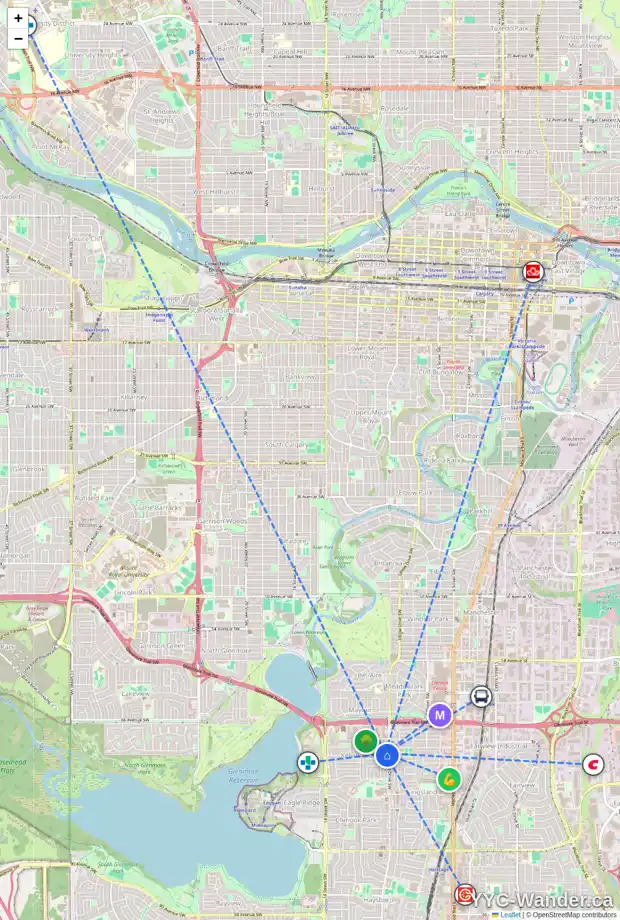 Daily accessibility map for 308 910 70 AV SW, Calgary showing nearby schools, grocery stores, parks, LRT stations and nearby amenities