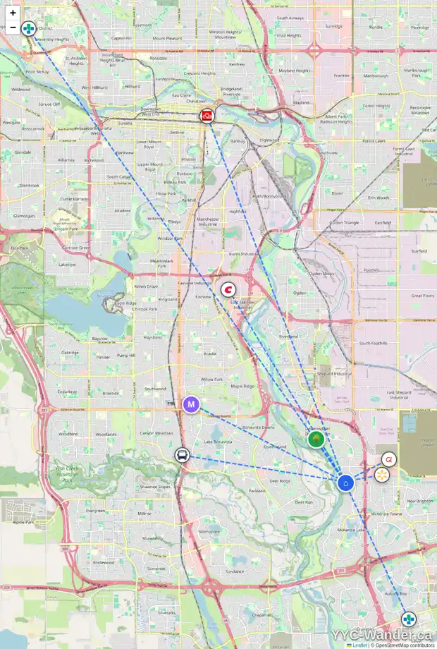 Daily accessibility map for 115 MT DOUGLAS CI SE, Calgary showing nearby schools, grocery stores, parks, LRT stations and nearby amenities