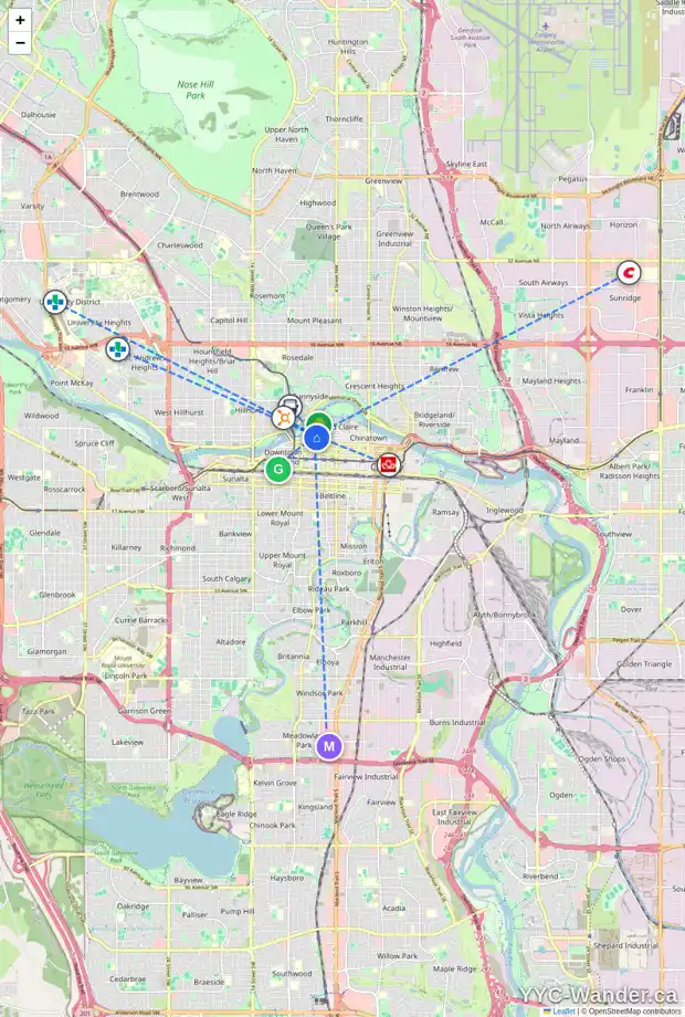 Daily accessibility map for 414 738 3 AV SW, Calgary showing nearby schools, grocery stores, parks, LRT stations and nearby amenities