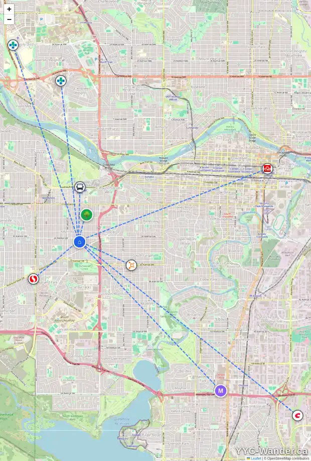 Daily accessibility map for 2817 26A ST SW, Calgary showing nearby schools, grocery stores, parks, LRT stations and nearby amenities