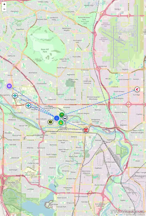 Daily accessibility map for 424 15 ST NW, Calgary showing nearby schools, grocery stores, parks, LRT stations and nearby amenities