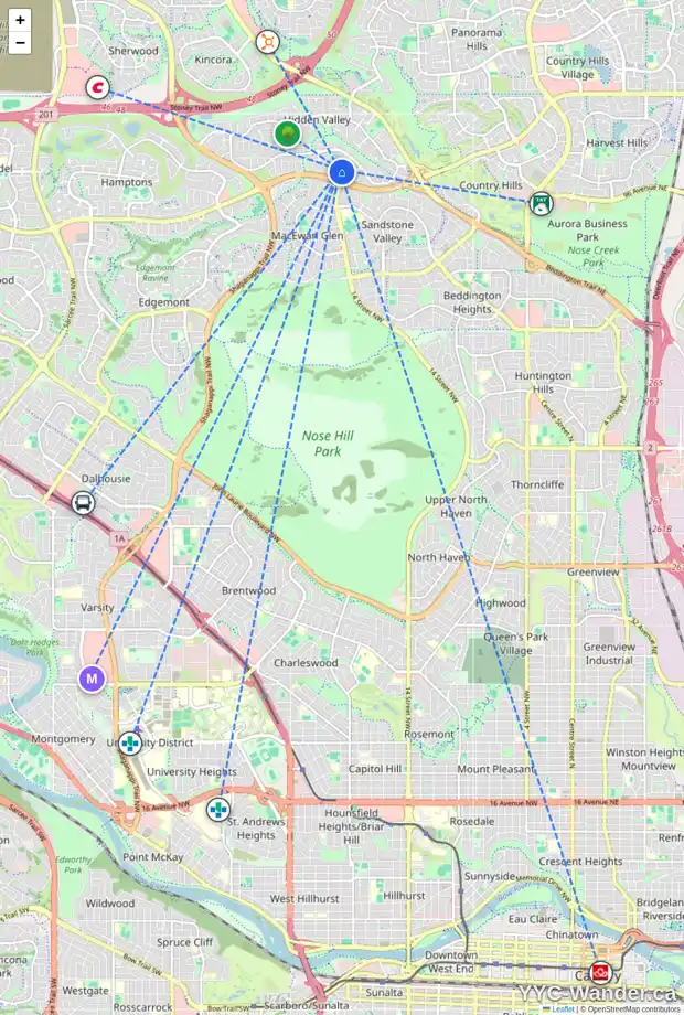 Daily accessibility map for 57 HIDDEN VALLEY HT NW, Calgary showing nearby schools, grocery stores, parks, LRT stations and nearby amenities