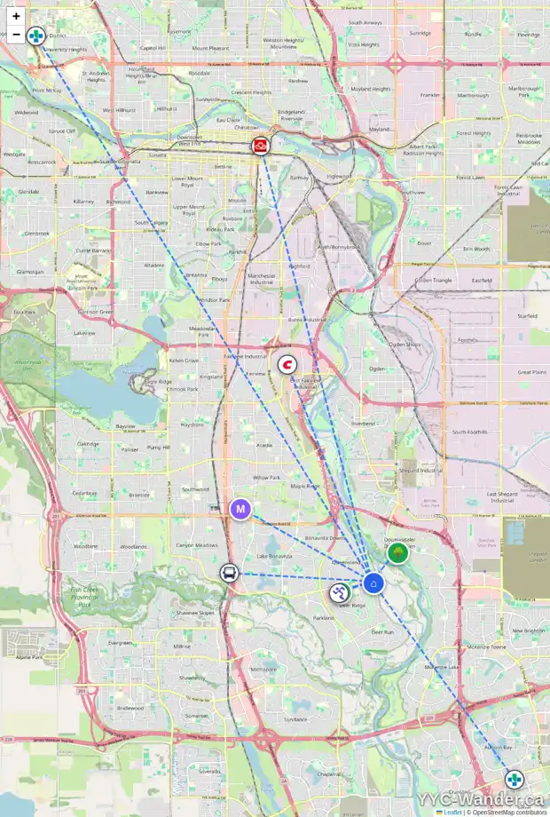 Daily accessibility map for 165 DEER RIVER PL SE, Calgary showing nearby schools, grocery stores, parks, LRT stations and nearby amenities