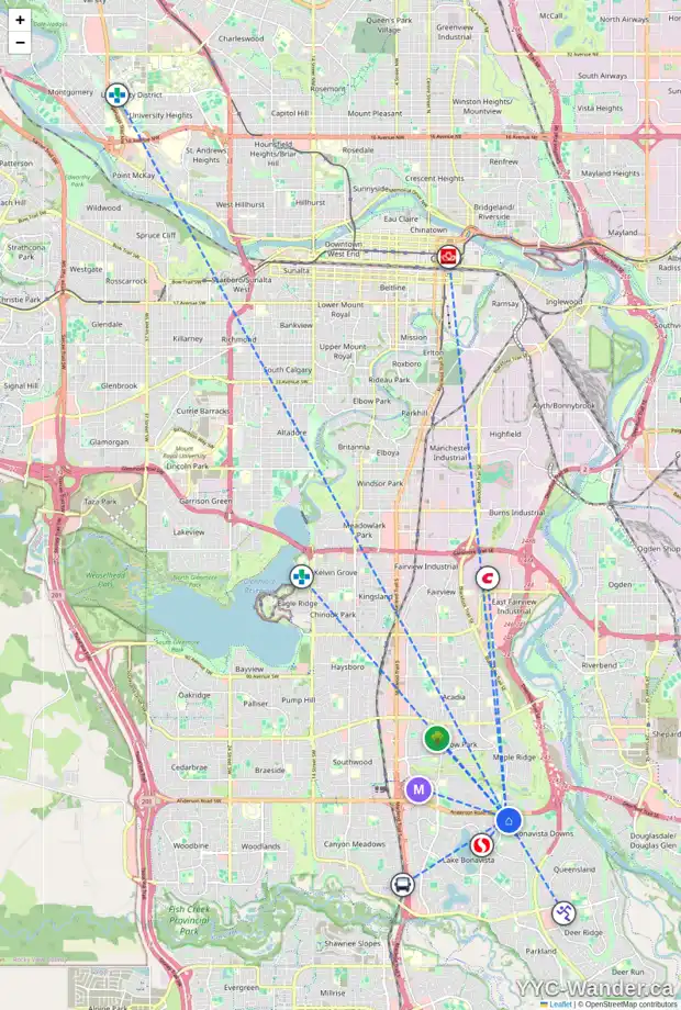 Daily accessibility map for 75 LAKE WAPTA RI SE, Calgary showing nearby schools, grocery stores, parks, LRT stations and nearby amenities
