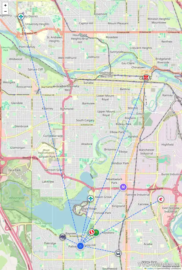Daily accessibility map for 224 PUMP HILL GD SW, Calgary showing nearby schools, grocery stores, parks, LRT stations and nearby amenities