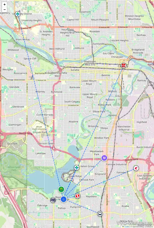 Daily accessibility map for 8947 BAYLOR CR SW, Calgary showing nearby schools, grocery stores, parks, LRT stations and nearby amenities
