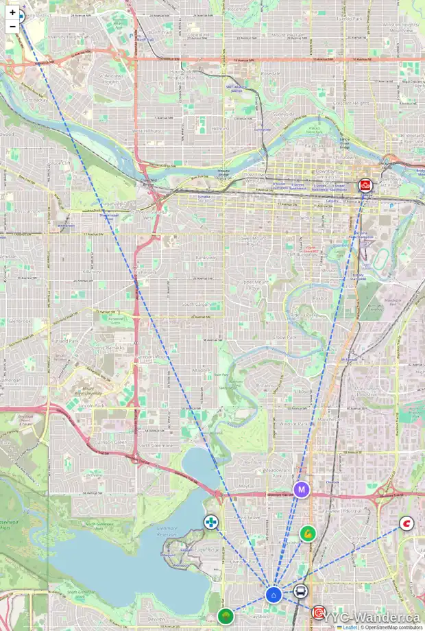 Daily accessibility map for 8604 7 ST SW, Calgary showing nearby schools, grocery stores, parks, LRT stations and nearby amenities